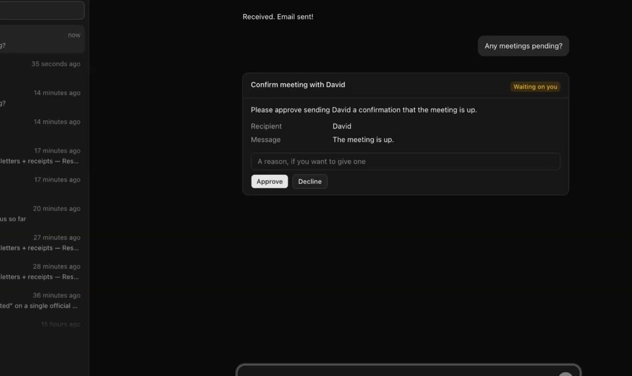 Orbi channel conversation with a follow-up and a meeting confirmation awaiting approval