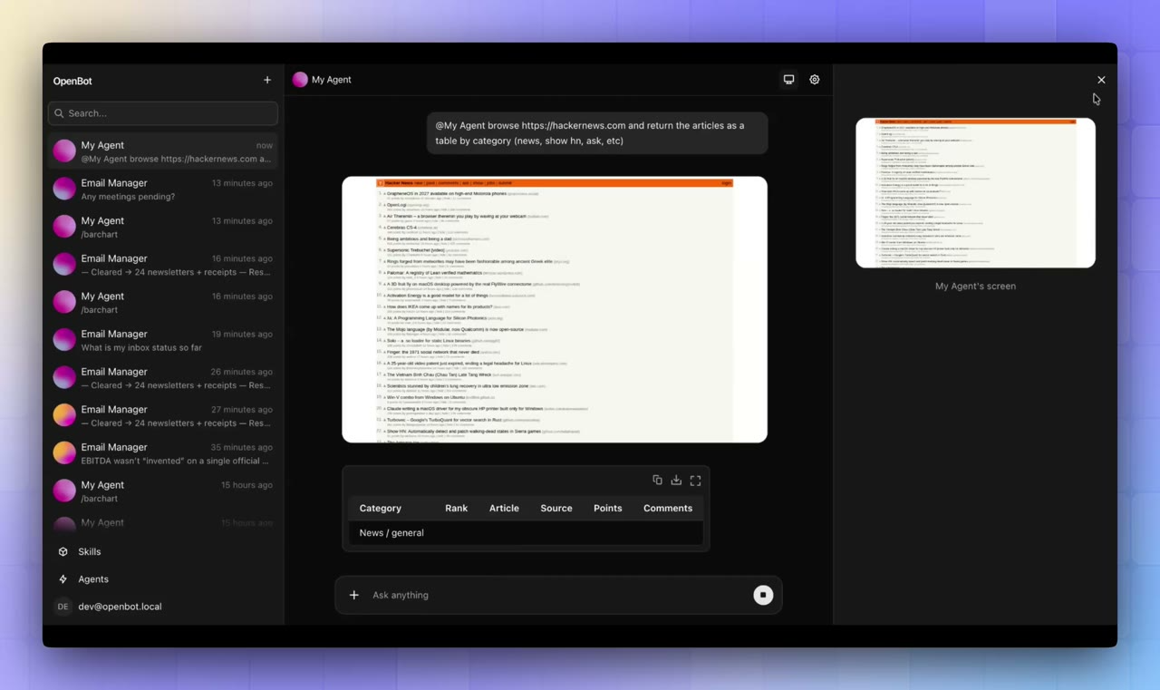Orbi conversation beside a computer workspace showing a live browser screen and a reviewable result